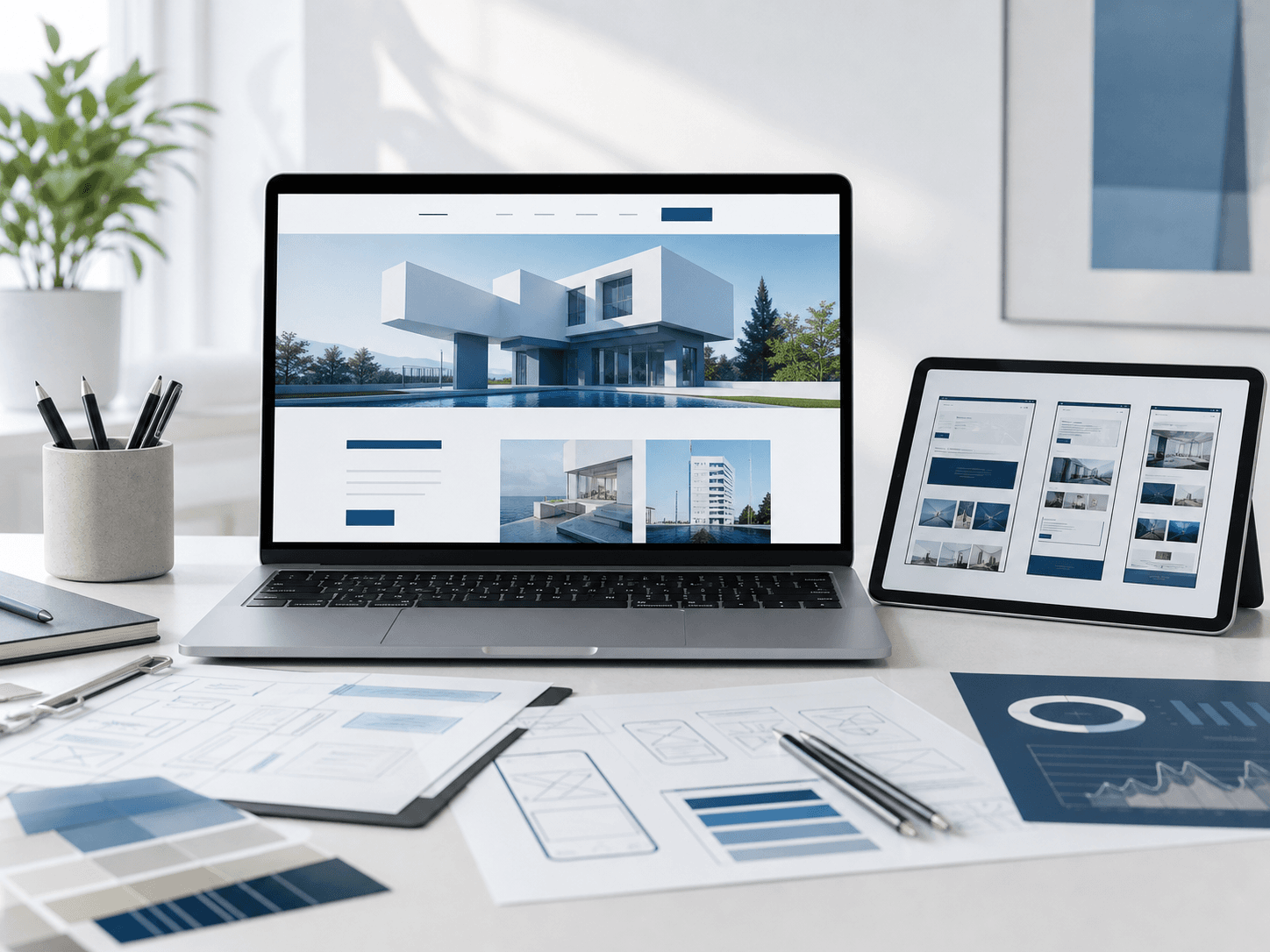 Website planning workspace with page structure and analytics