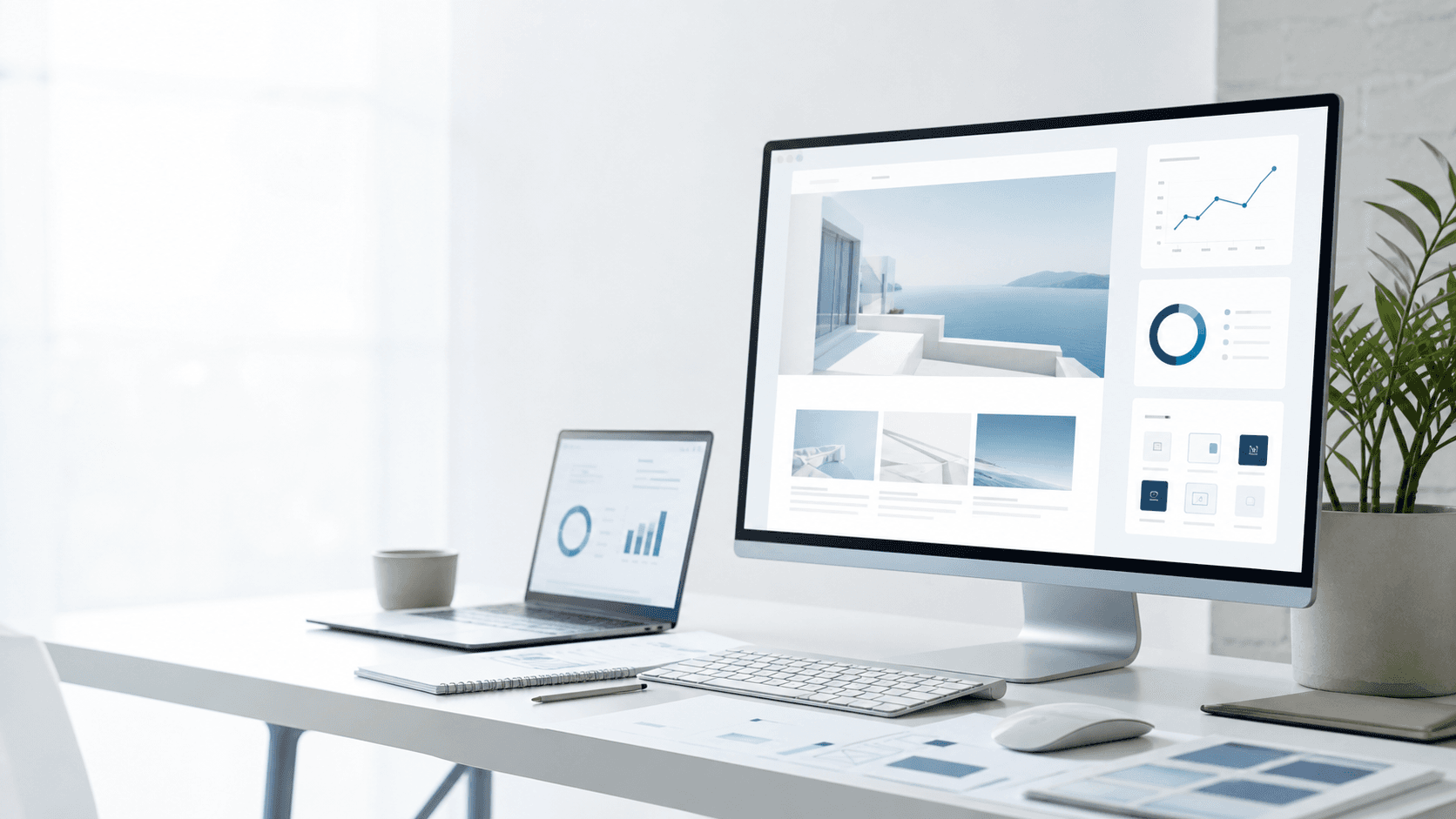 Website planning workspace with laptop and analytics